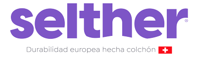 Logo de la marca de colchones Selther en fondo blanco, versión pequeña
